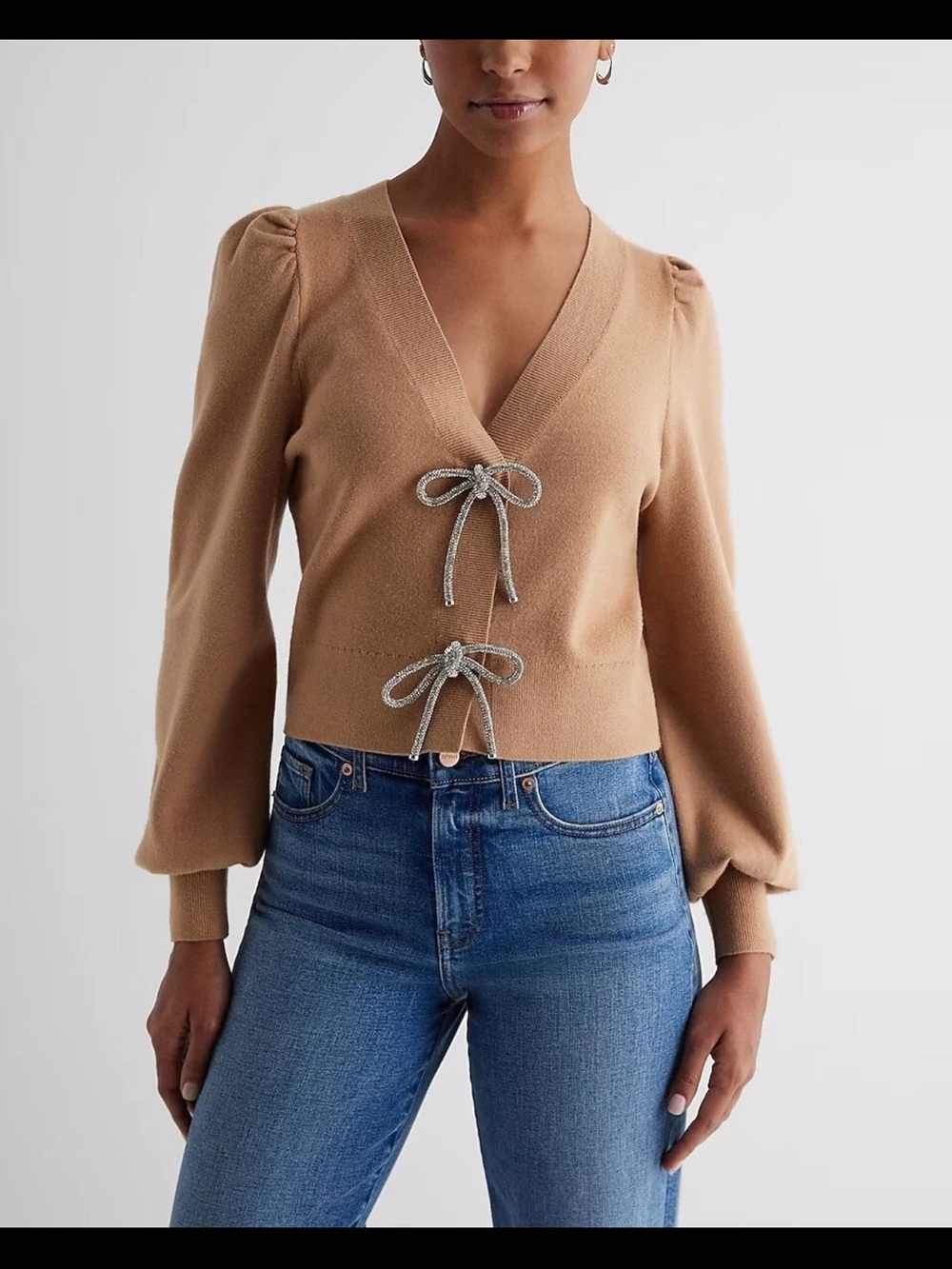 2 for $30 sale: NWOT V-Neck Embellished Bow Cardigan - PECAN - Size M